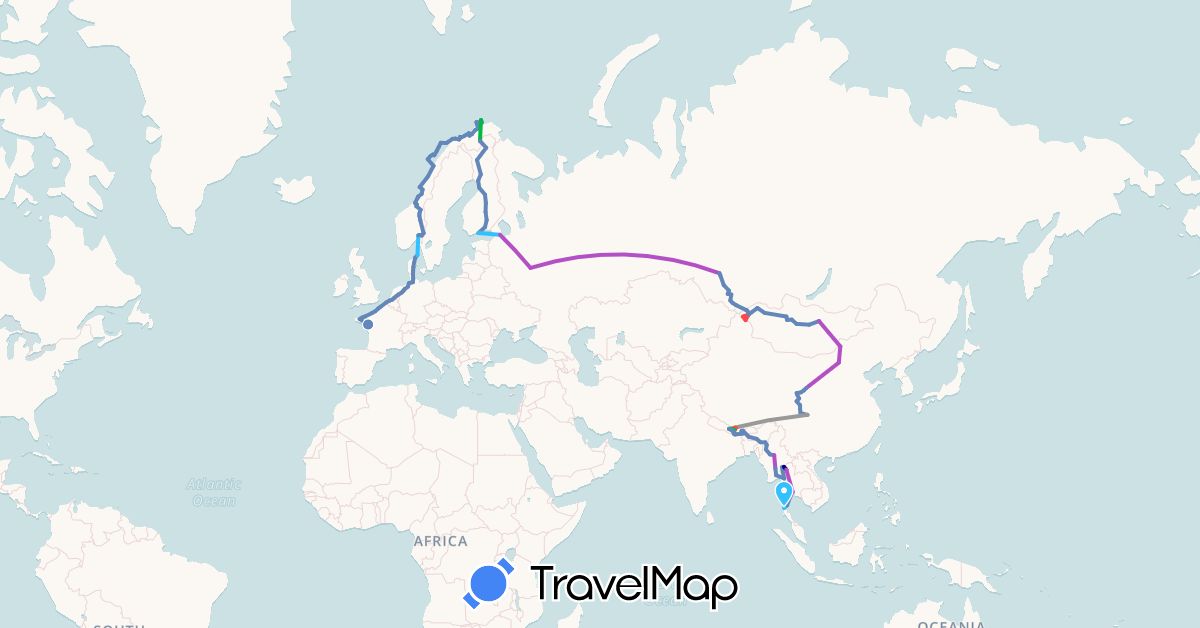 TravelMap itinerary: driving, bus, plane, cycling, train, hiking, boat in Belgium, China, Germany, Denmark, Finland, France, India, Myanmar (Burma), Mongolia, Netherlands, Norway, Nepal, Russia, Thailand (Asia, Europe)